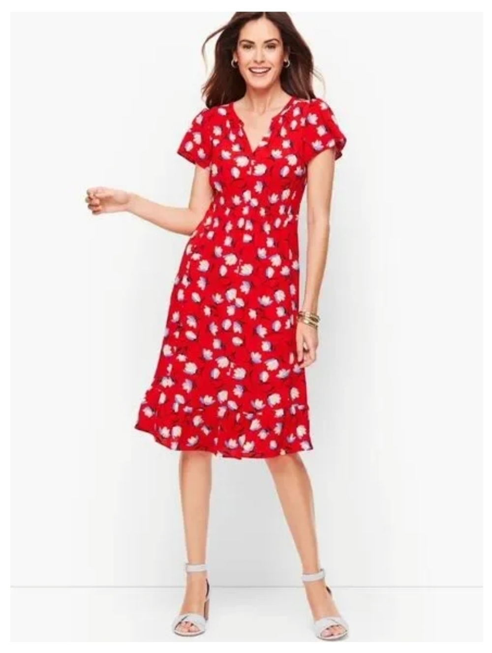 Talbots Red Floral Flutter Sleeve Flounce Hem Dress Size 16W
